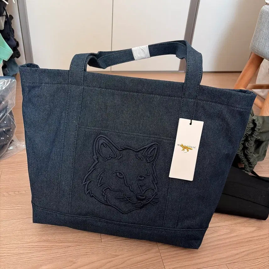 [BUNJANG] Maison Kitsuné Fox Head Denim Tote Bag L / 메종키츠네 폭스헤드 데님 토트백 L 새상품