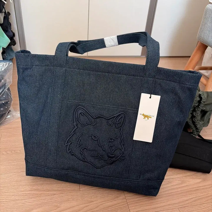 [BUNJANG] Maison Kitsuné Fox Head Denim Tote Bag L / 메종키츠네 폭스헤드 데님 토트백 L 새상품