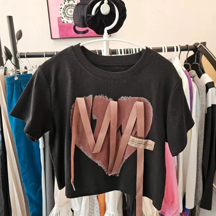 [BUNJANG] Heart Ribbon Crop Short Sleeve T-Shirt Black / 하트 리본 크롭 반팔 티셔츠 블랙
