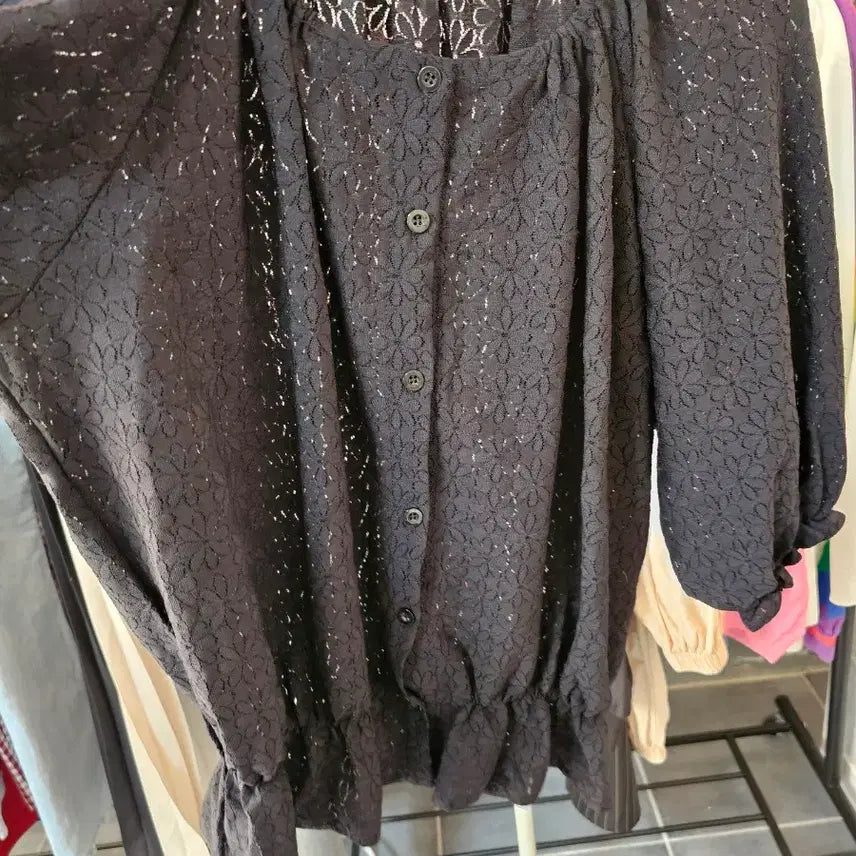 [BUNJANG] Lace Puff Sleeve Blouse / 레이스 블랙 블라우스