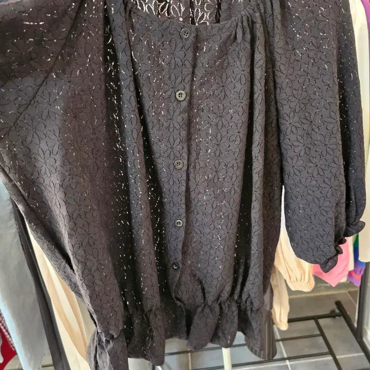 [BUNJANG] Lace Puff Sleeve Blouse / 레이스 블랙 블라우스