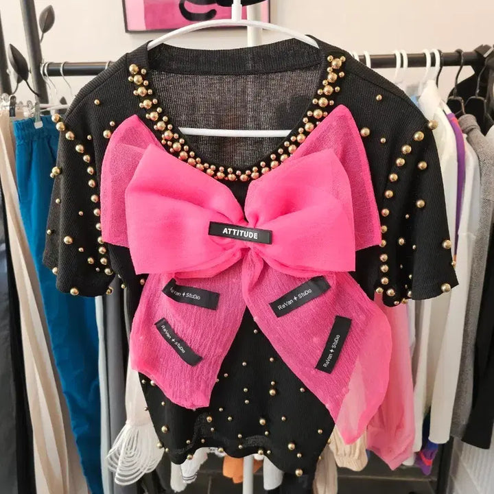 [BUNJANG] Pink Ribbon Black Short Sleeve Blouse / 핑크 리본 블랙 반팔 블라우스