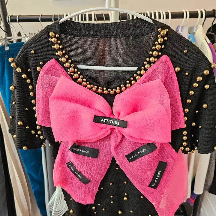 [BUNJANG] Pink Ribbon Black Short Sleeve Blouse / 핑크 리본 블랙 반팔 블라우스