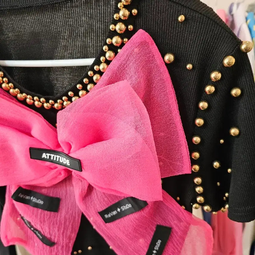 [BUNJANG] Pink Ribbon Black Short Sleeve Blouse / 핑크 리본 블랙 반팔 블라우스
