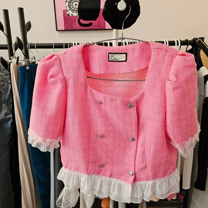 [BUNJANG] Pink Tweed Short Sleeve Jacket / 31. Fashion 핑크 트위드 반팔 자켓