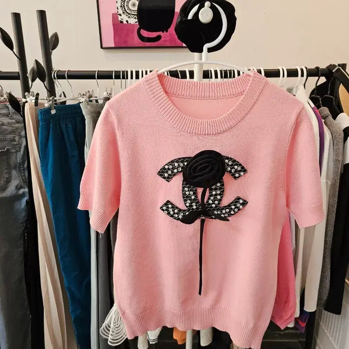 [BUNJANG] Chanel Style Pink Short Sleeve Knit Top / 샤넬 스타일 핑크 반팔 니트