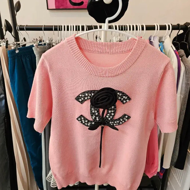 [BUNJANG] Chanel Style Pink Short Sleeve Knit Top / 샤넬 스타일 핑크 반팔 니트