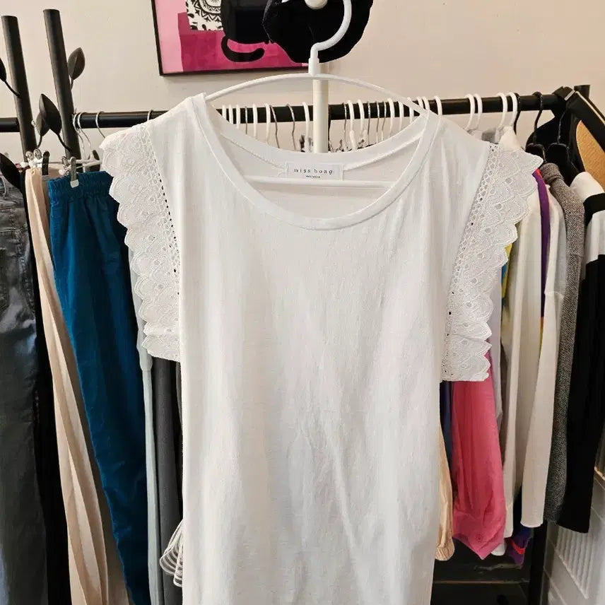 [BUNJANG] Miss Hong White Lace Short-Sleeve T-Shirt / 미스홍 화이트 레이스 반팔 티셔츠