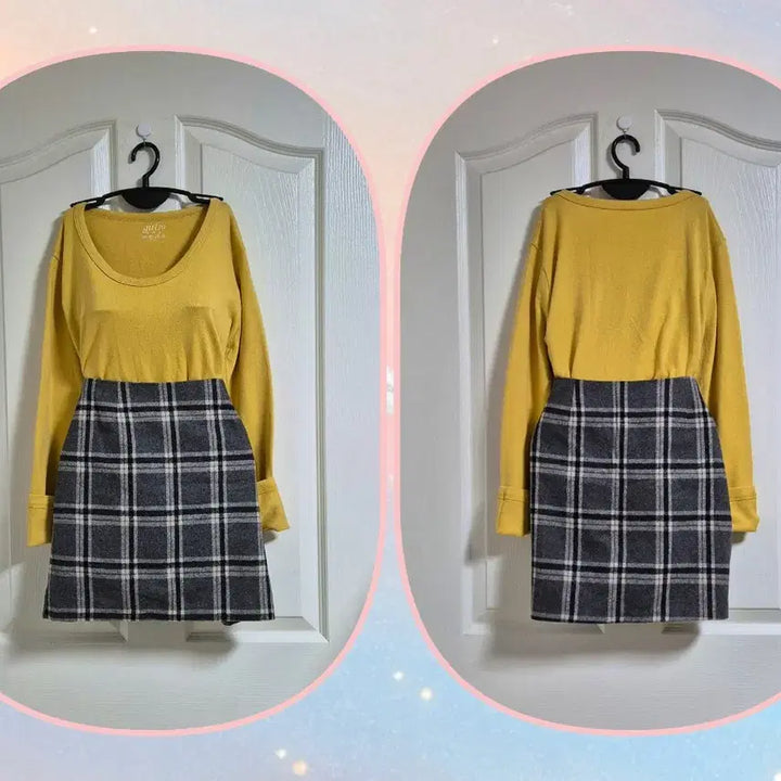 [BUNJANG] Mustard Wool Knit Top &amp; Check Mini Skirt Two-Piece Set / 머스타드 울원단 니트+옆지퍼 체크 미니스커트 투피스 코디세트