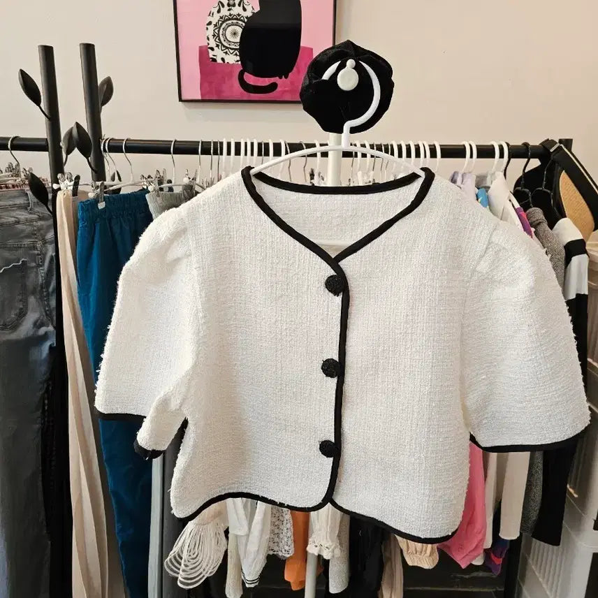 [BUNJANG] White Tweed Short Sleeve Jacket with Black Trim / 트위드 반팔 자켓 화이트 배색