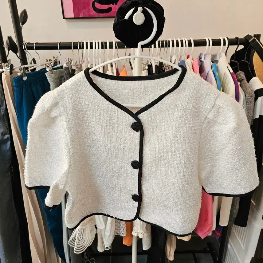 [BUNJANG] White Tweed Short Sleeve Jacket with Black Trim / 트위드 반팔 자켓 화이트 배색