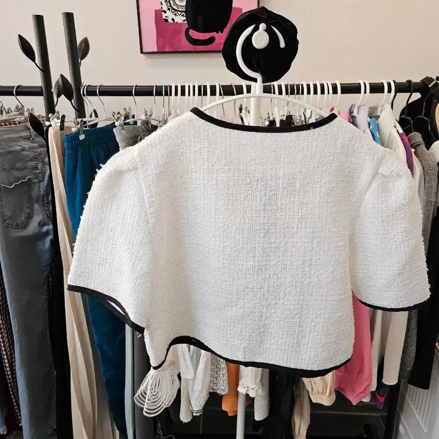 [BUNJANG] White Tweed Short Sleeve Jacket with Black Trim / 트위드 반팔 자켓 화이트 배색