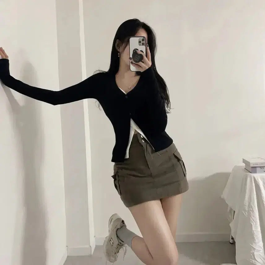 [BUNJANG] Colorblock Layered Ribbed Cardigan T-Shirt / 배색 레이어드 골지 가디건 티