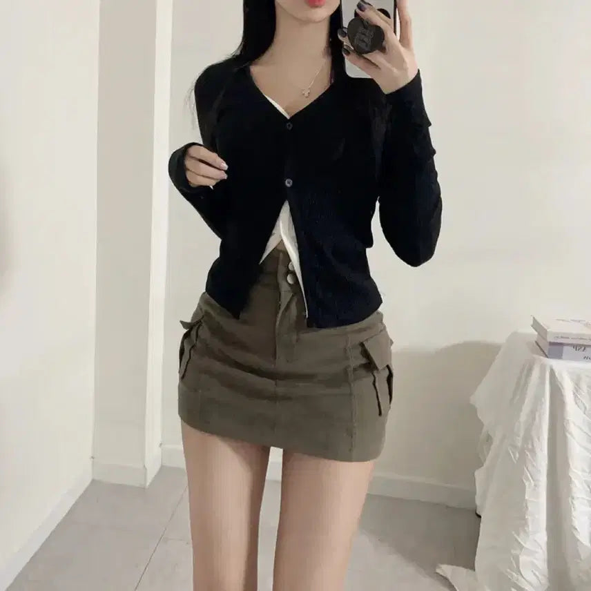 [BUNJANG] Colorblock Layered Ribbed Cardigan T-Shirt / 배색 레이어드 골지 가디건 티