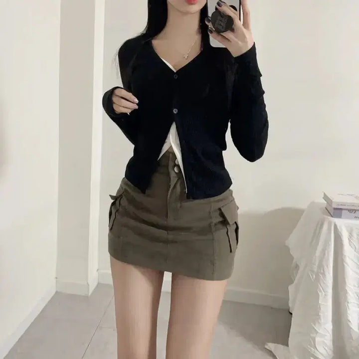 [BUNJANG] Colorblock Layered Ribbed Cardigan T-Shirt / 배색 레이어드 골지 가디건 티