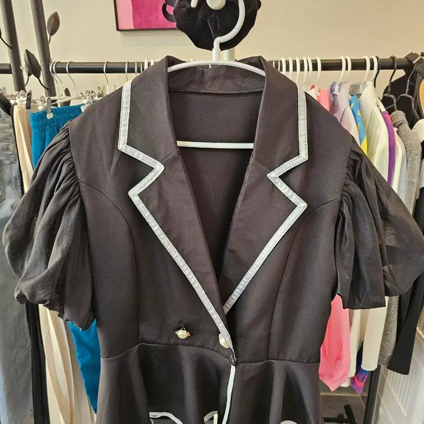 [BUNJANG] Black Color Block Short Sleeve Peplum Jacket / 블랙 배색 반팔 페플럼 자켓