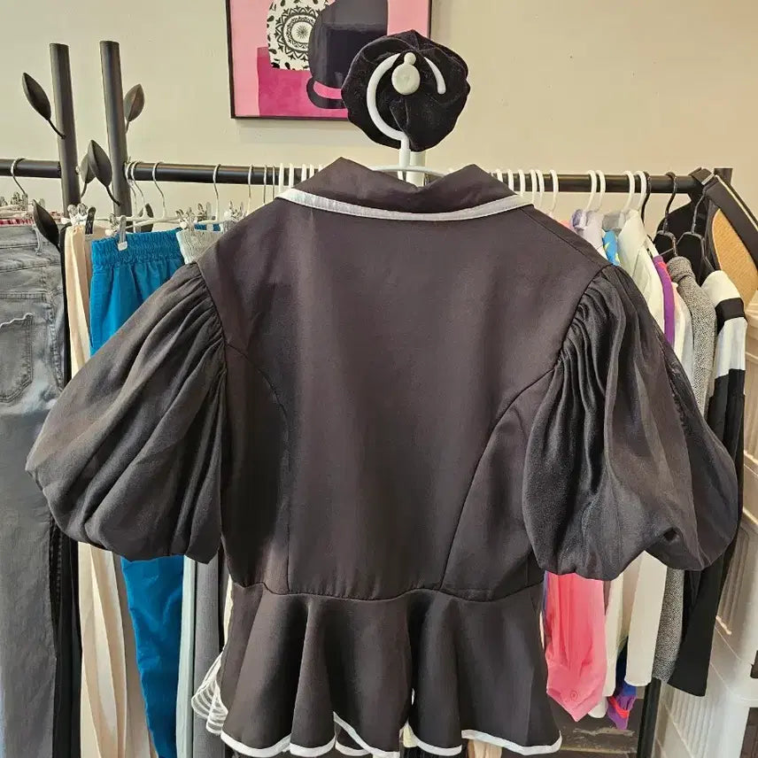 [BUNJANG] Black Color Block Short Sleeve Peplum Jacket / 블랙 배색 반팔 페플럼 자켓