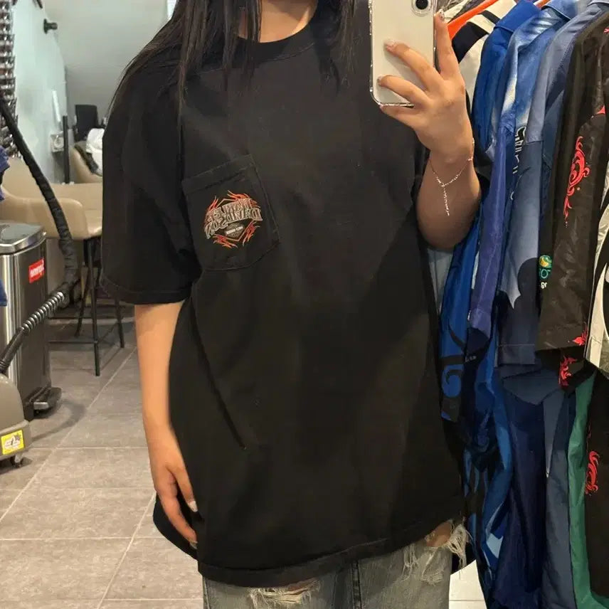 [BUNJANG] NO.9 Harley Davidson Pocket Short Sleeve T-Shirt Black XL / [NO.9] 할리 데이비슨 포켓 반팔 티셔츠 검정