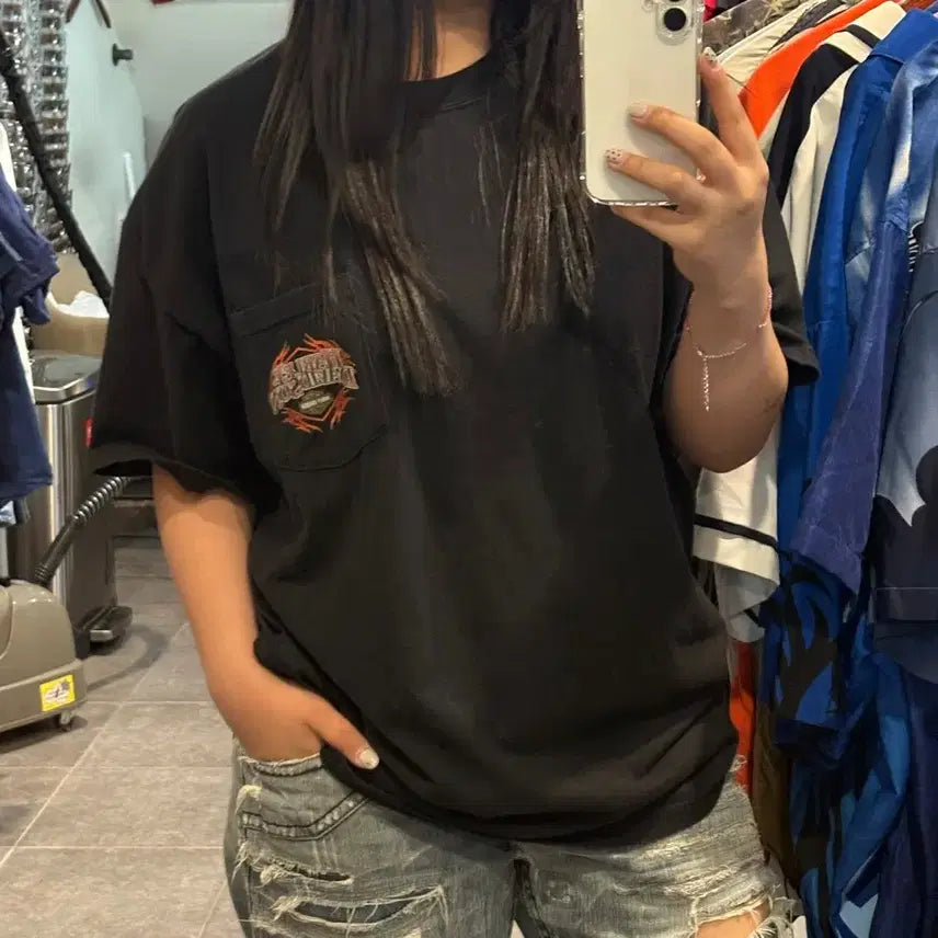[BUNJANG] NO.9 Harley Davidson Pocket Short Sleeve T-Shirt Black XL / [NO.9] 할리 데이비슨 포켓 반팔 티셔츠 검정