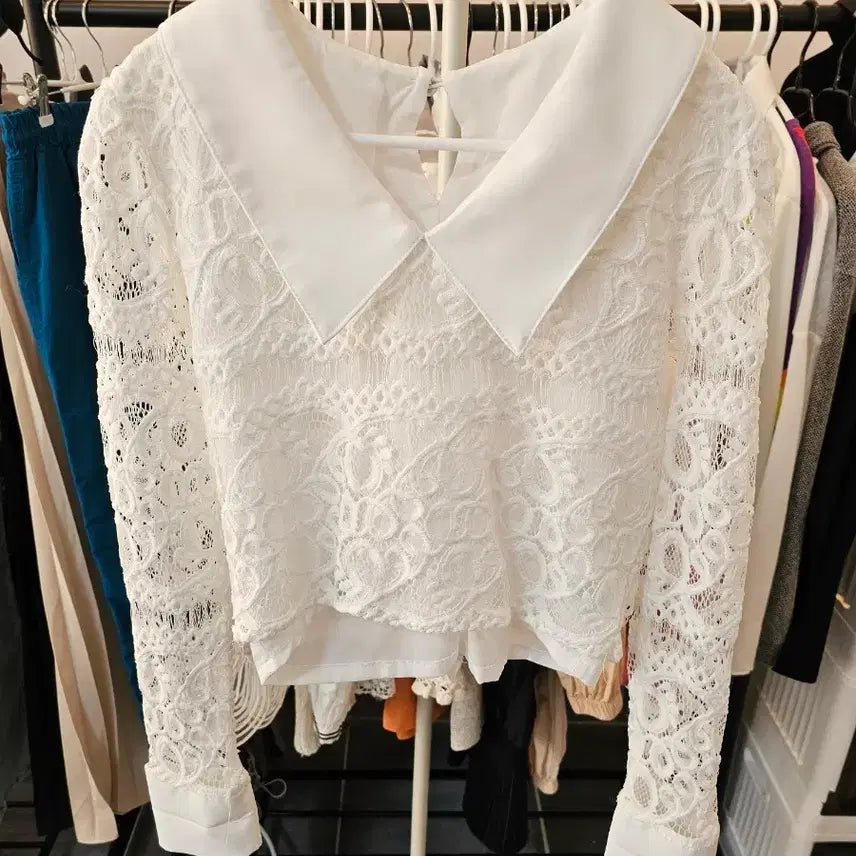 [BUNJANG] Lace Collar Blouse and Skirt Set / 레이스 카라 블라우스 화이트 스커트 세트