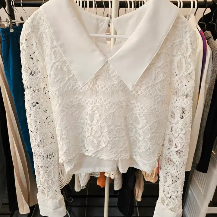 [BUNJANG] Lace Collar Blouse and Skirt Set / 레이스 카라 블라우스 화이트 스커트 세트