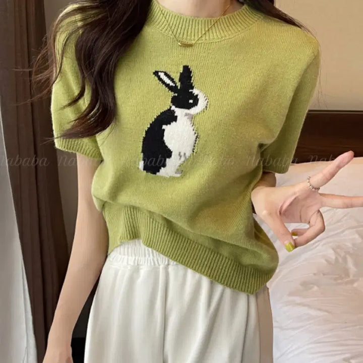 [BUNJANG] Lovely Rabbit Basic Short Sleeve Knit T-shirt / 러블리 래빗 베이직 반팔 니트티