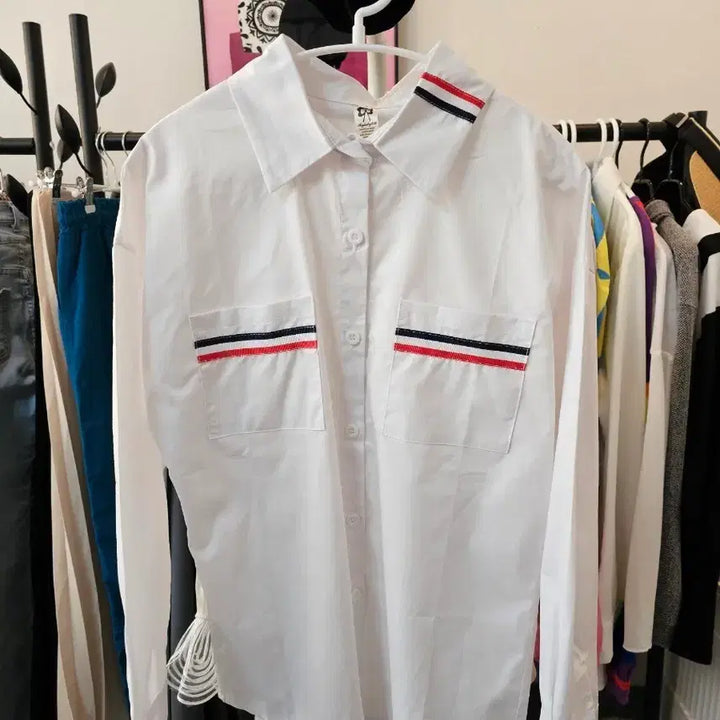 [BUNJANG] White Contrast Panel Long Sleeve Shirt / 화이트 배색 포인트 긴팔 셔츠