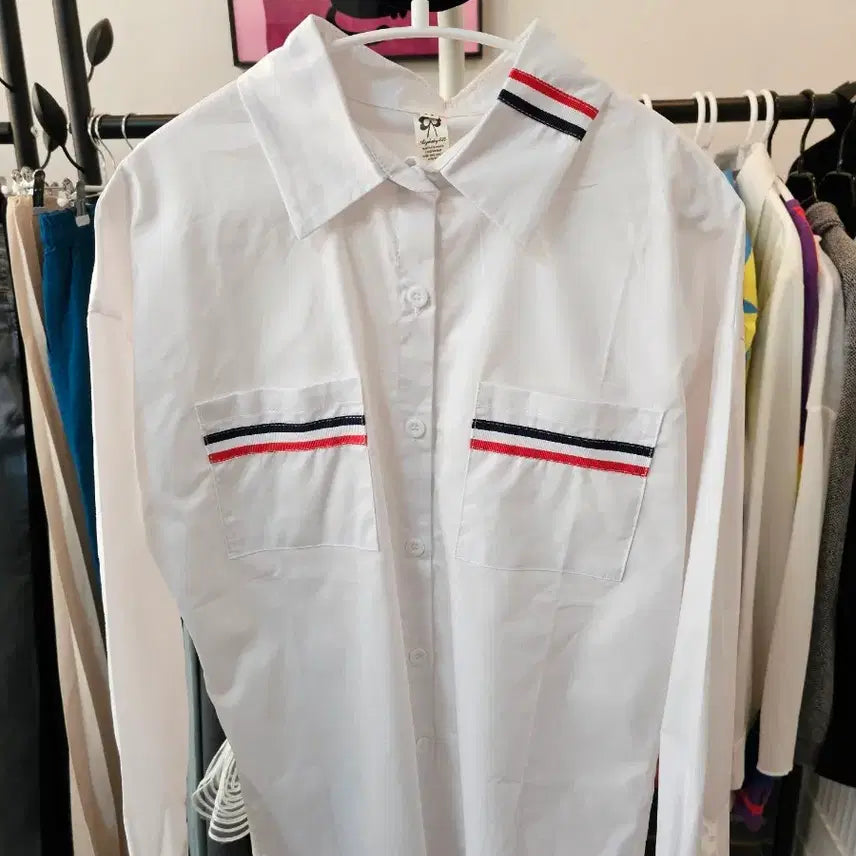 [BUNJANG] White Contrast Panel Long Sleeve Shirt / 화이트 배색 포인트 긴팔 셔츠