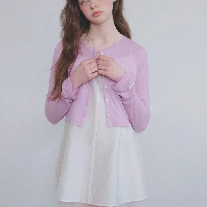 [BUNJANG] Hane Satin Layered Mini Dress + Sheer Ribbed Cardigan Set / 하네 새틴 레이어드 미니 원피스 + 시어 리브드 가디건