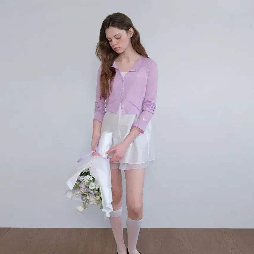 [BUNJANG] Hane Satin Layered Mini Dress + Sheer Ribbed Cardigan Set / 하네 새틴 레이어드 미니 원피스 + 시어 리브드 가디건