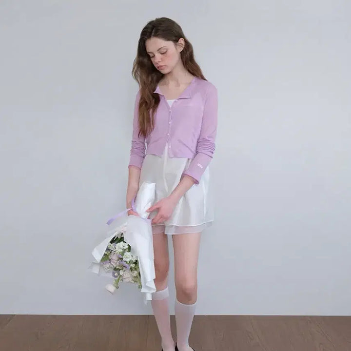 [BUNJANG] Hane Satin Layered Mini Dress + Sheer Ribbed Cardigan Set / 하네 새틴 레이어드 미니 원피스 + 시어 리브드 가디건