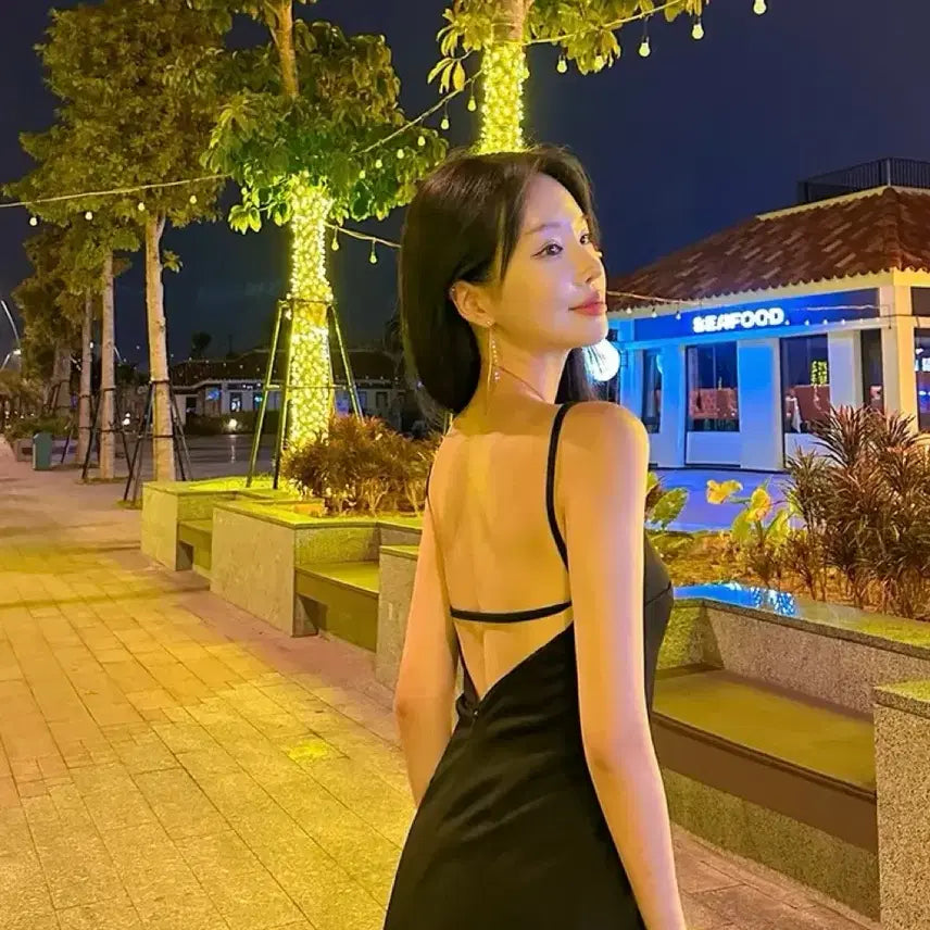 [BUNJANG] Black Backless Square Neck Long Dress / 휴양지룩 블랙 백리스 스퀘어넥 롱원피스