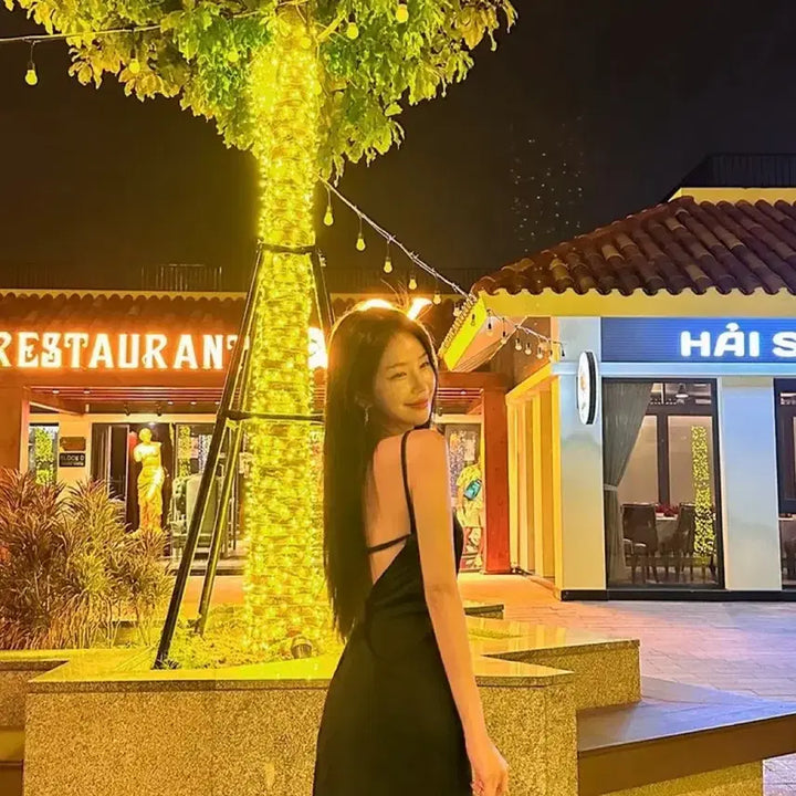 [BUNJANG] Black Backless Square Neck Long Dress / 휴양지룩 블랙 백리스 스퀘어넥 롱원피스