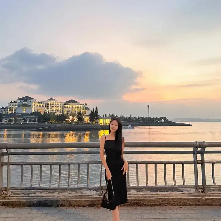 [BUNJANG] Black Backless Square Neck Long Dress / 휴양지룩 블랙 백리스 스퀘어넥 롱원피스