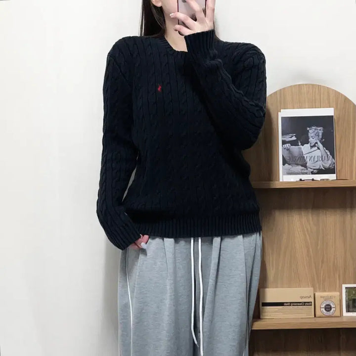[BUNJANG] Polo Ralph Lauren Black/Red Pony Cable Knit Round Sweater M / [정품] 폴로 블랙 / 레드포니 꽈배기 라운드 니트 [ M ]