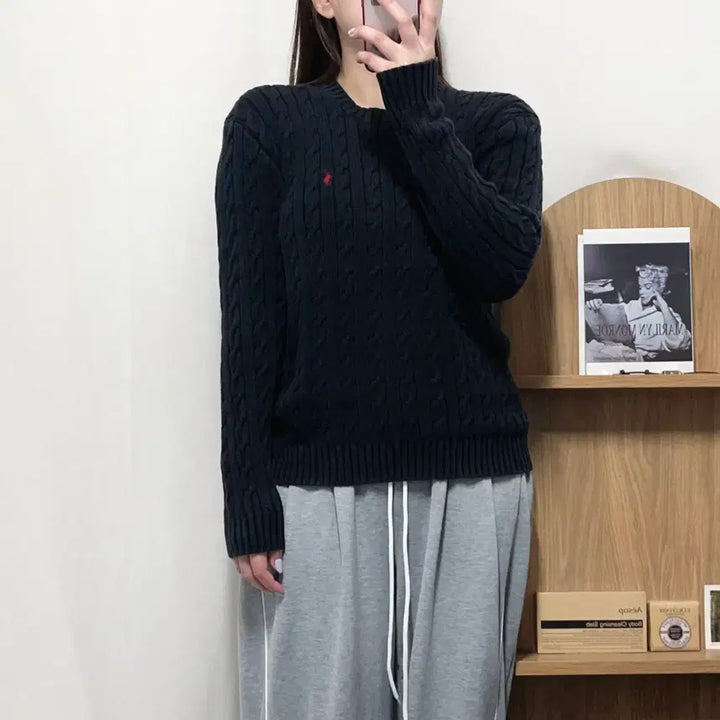 [BUNJANG] Polo Ralph Lauren Black/Red Pony Cable Knit Round Sweater M / [정품] 폴로 블랙 / 레드포니 꽈배기 라운드 니트 [ M ]