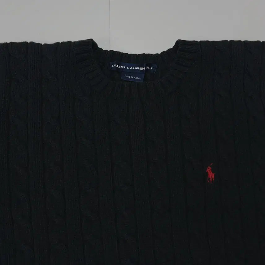 [BUNJANG] Polo Ralph Lauren Black/Red Pony Cable Knit Round Sweater M / [정품] 폴로 블랙 / 레드포니 꽈배기 라운드 니트 [ M ]