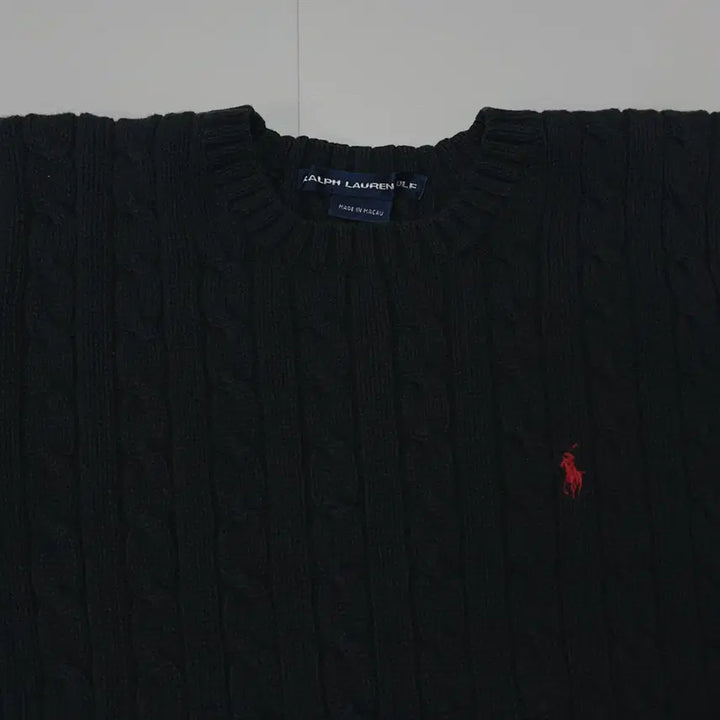 [BUNJANG] Polo Ralph Lauren Black/Red Pony Cable Knit Round Sweater M / [정품] 폴로 블랙 / 레드포니 꽈배기 라운드 니트 [ M ]
