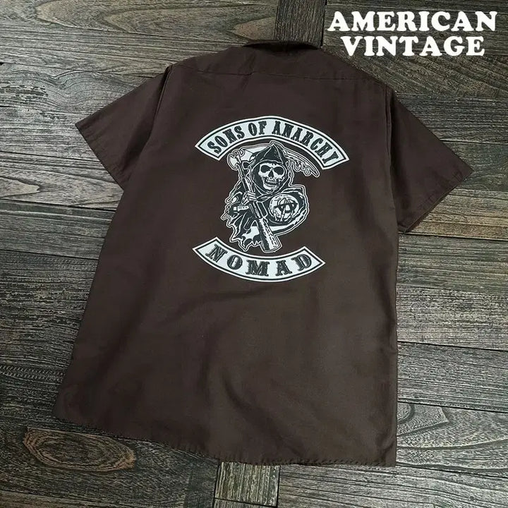 [BUNJANG] American Vintage Graphic Printing Short Sleeve Mechanic Shirt Olive Khaki / 아메리칸빈티지 그래픽 프린팅 반팔 메카닉 셔츠 올리브 카키 M20319