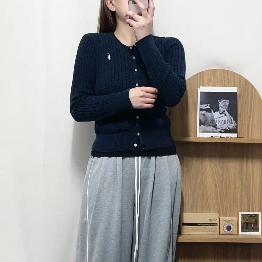 [BUNJANG] Polo Ralph Lauren Deep Navy/White Pony Cable Knit Cardigan (160/M) / [정품] 폴로 딥네이비 / 화이트포니 꽈배기 가디건 [ 160 ]