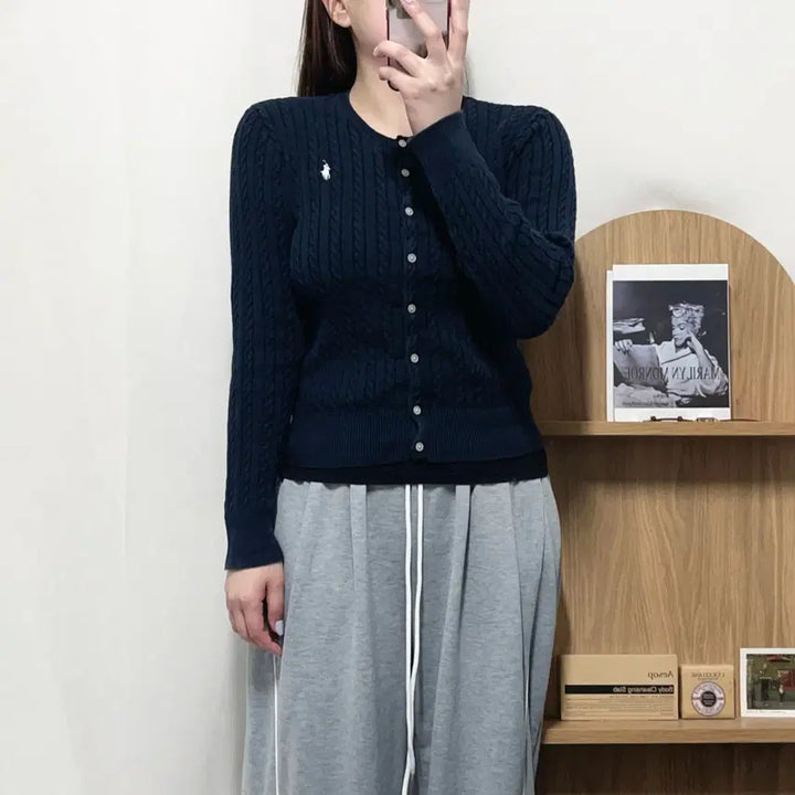 [BUNJANG] Polo Ralph Lauren Deep Navy/White Pony Cable Knit Cardigan (160/M) / [정품] 폴로 딥네이비 / 화이트포니 꽈배기 가디건 [ 160 ]