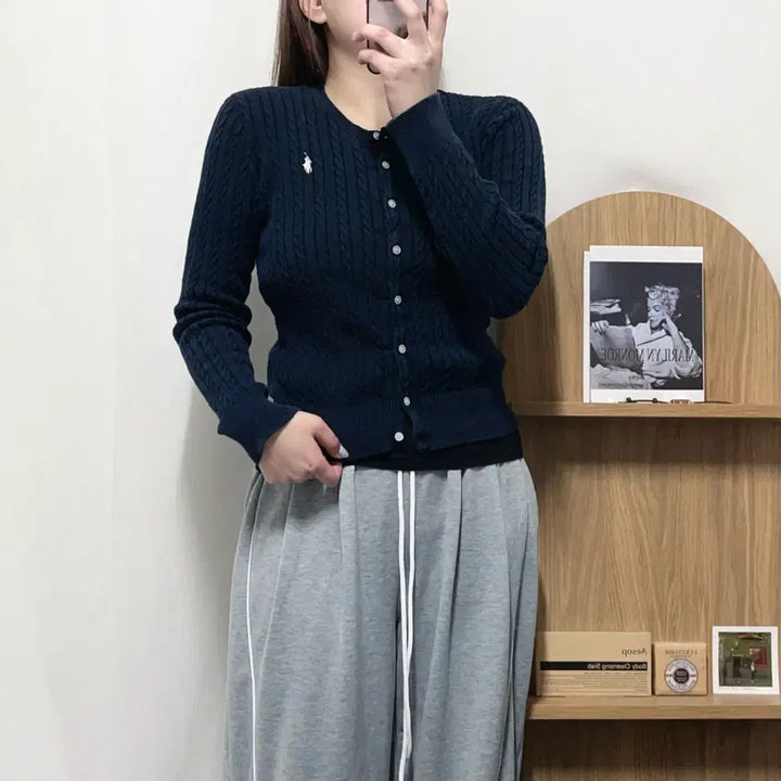 [BUNJANG] Polo Ralph Lauren Deep Navy/White Pony Cable Knit Cardigan (160/M) / [정품] 폴로 딥네이비 / 화이트포니 꽈배기 가디건 [ 160 ]