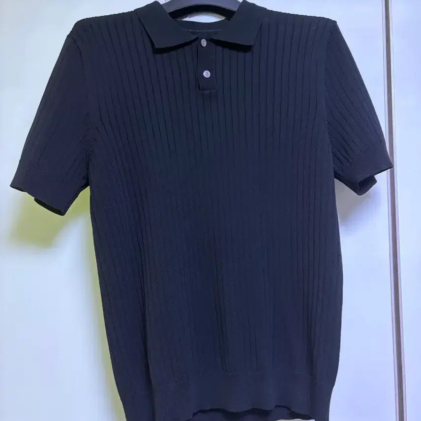 [BUNJANG] Black Ribbed Knit Short Sleeve Polo T-Shirt / 블랙 골지 니트 반팔 카라티