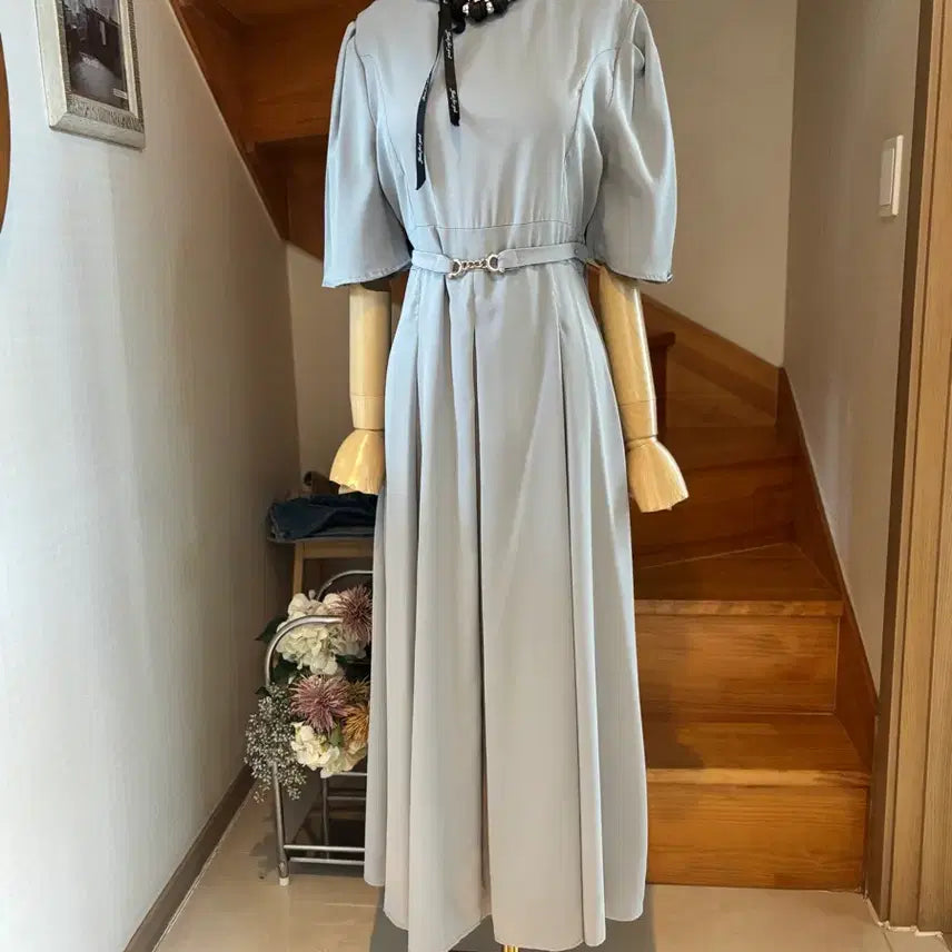 [BUNJANG] Cindi Belt Long Dress Sky Blue / 벨트 롱 원피스 하늘색. 신디