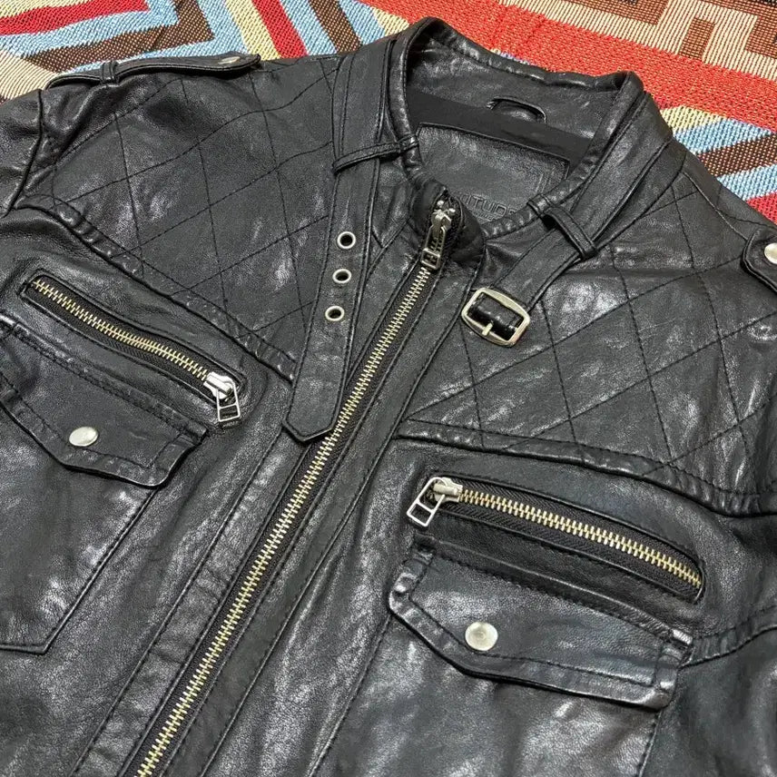 [BUNJANG] Vintage Lambskin Leather Cafe Racer Jacket Multi-Pocket / 105-110) 빈티지 램스킨 양가죽 멀티포켓 카페레이서 가죽자켓