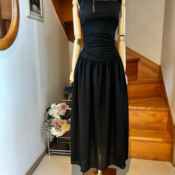 [BUNJANG] Black Long Shirring Square Neck Dress / 블랙 롱 원피스