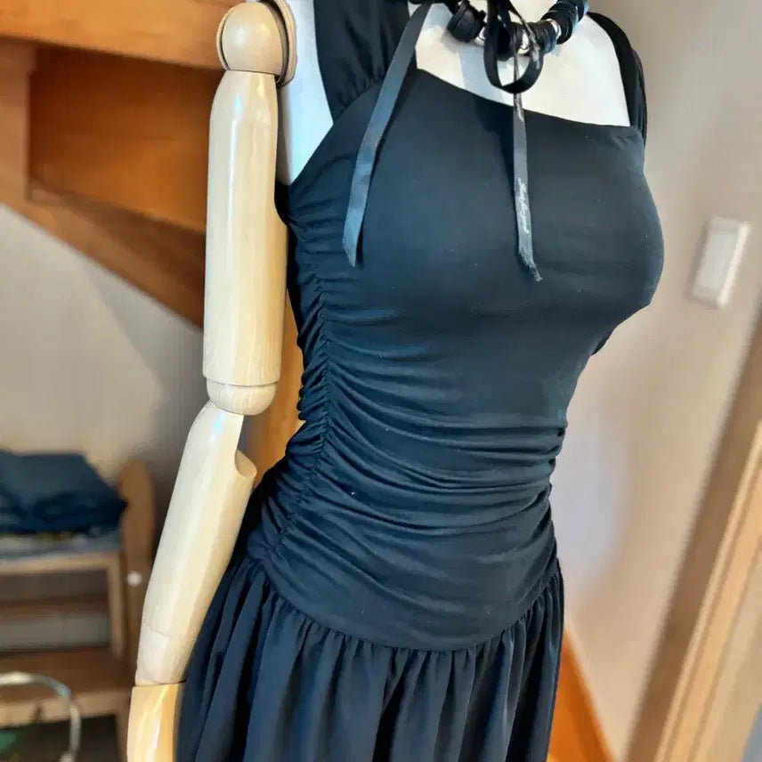 [BUNJANG] Black Long Shirring Square Neck Dress / 블랙 롱 원피스