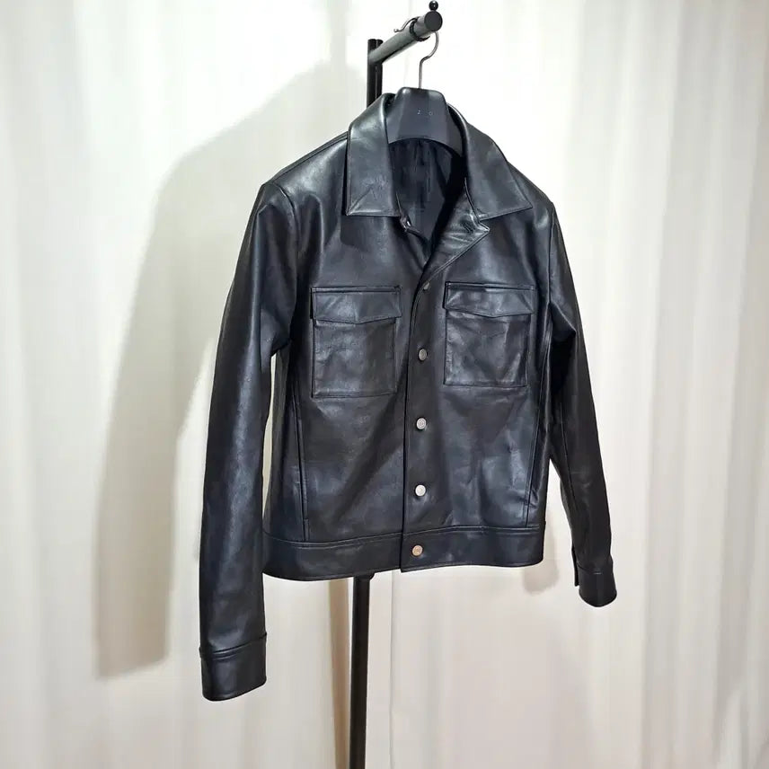 [BUNJANG] Real Leather Black Trucker Jacket (Size 100-105) / (택포) 리얼레더 블랙 트러커 자켓 100-105 B846