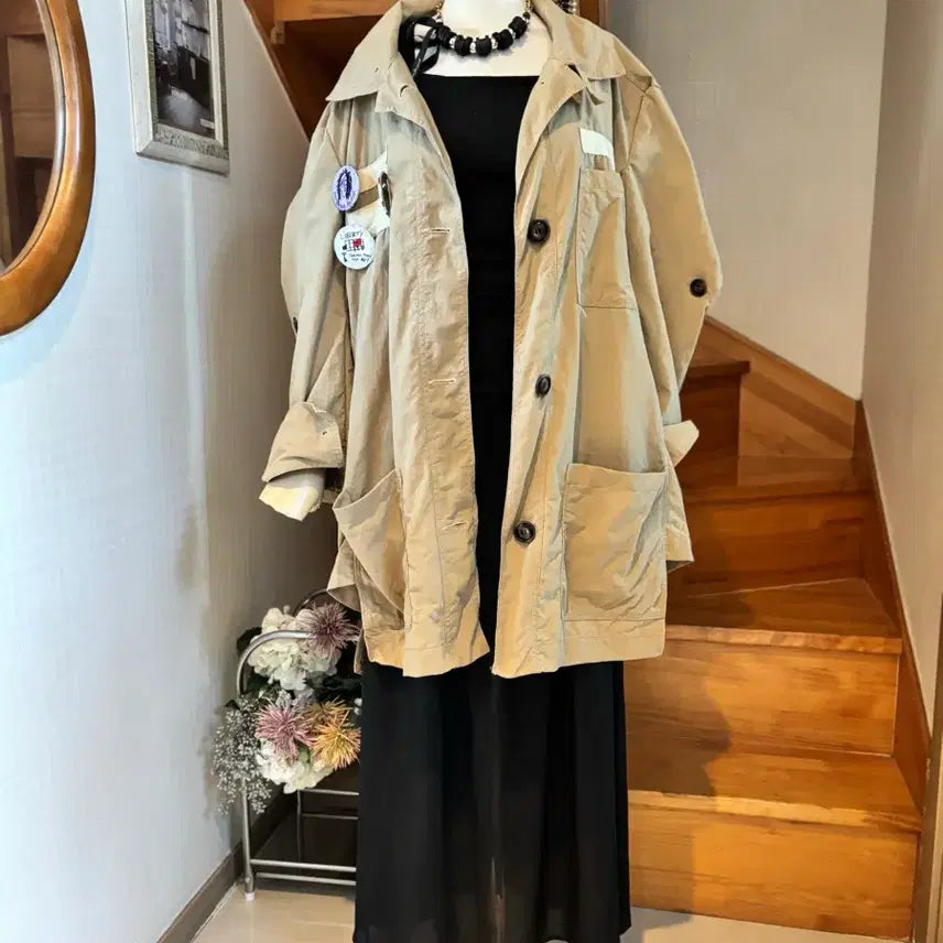 [BUNJANG] Beige Military Style Long Jacket / 베이지색 야상형 롱 자켓