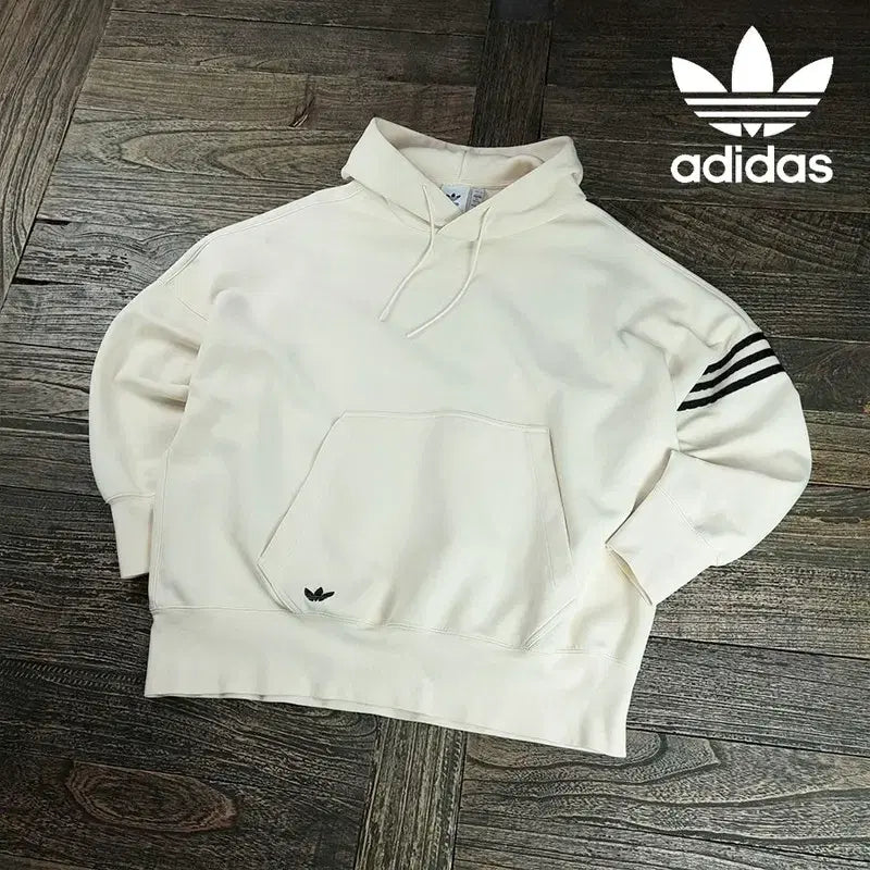 [BUNJANG] Adidas 3-Stripes Sleeve Oversized Hoodie Cream / 아디다스 삼선 완장 오버핏 후드티 크림 M20325